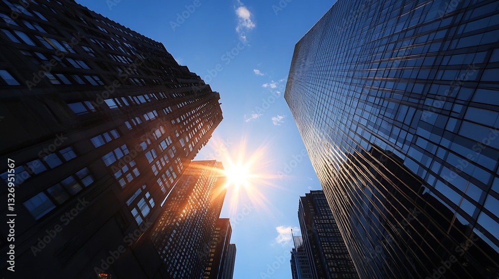 Poster stunning view of skyscrapers with sunburst and clear sky reflection : generative ai