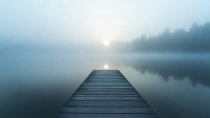 Serene Lakeside Landscape on a Misty Morning