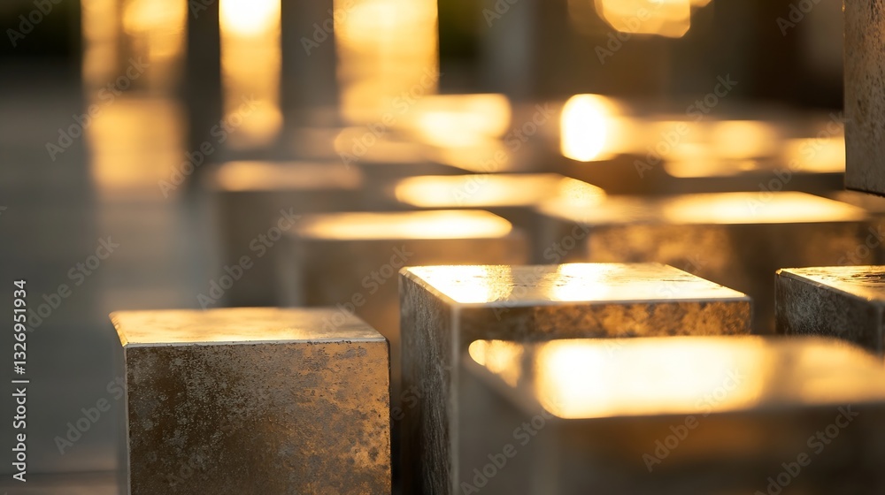 Fototapete abstract illuminated blocks reflecting golden light in a modern architectural setting showcasing pre