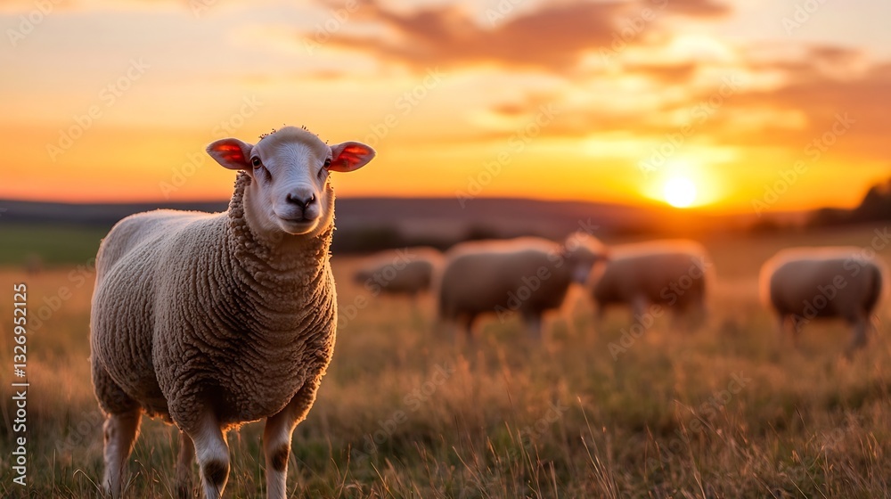 Poster a curious sheep stands in a field during sunset surrounded by other sheep set against a dramatic ora