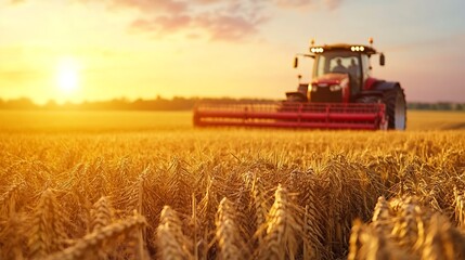 Fototapeta premium Beautiful sunset over golden wheat field with red tractor harvesting the crops in scenic landscape : Generative AI