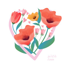 Flower heart cute background with flowers in watercolor style on the white background. Summer floral elements. Love card with floral bouquet, vector illustration