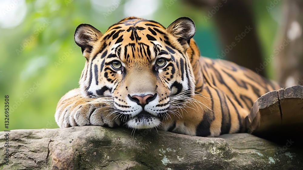 Poster majestic tiger resting on a rock with a focused gaze in lush greenery background : generative ai