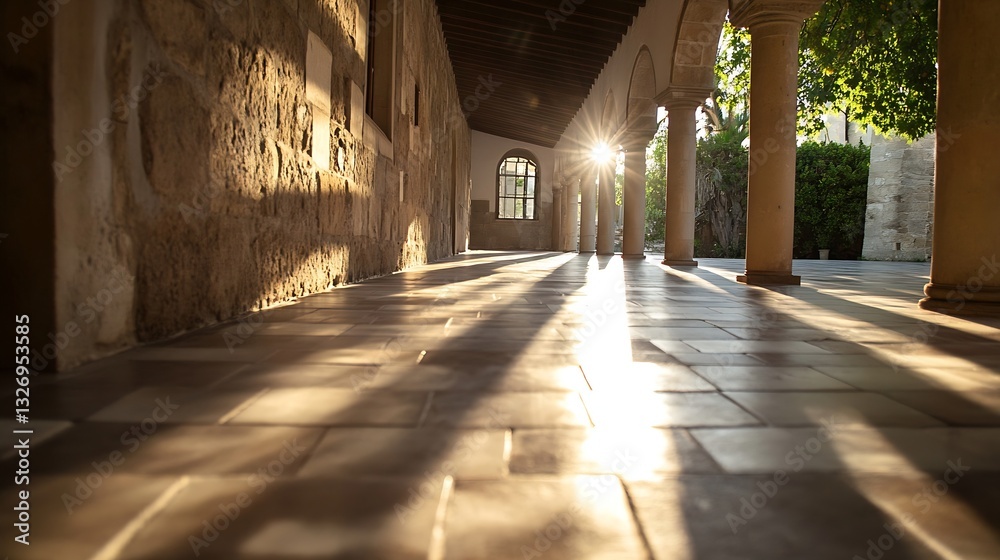 Poster beautiful sunlit corridor view with classic architecture featuring stone walls and natural light str