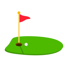 Golf course green with ball and red flag logo icon isolated on white background. Vector illustration
