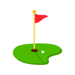 Golf course green with ball and red flag logo icon isolated on white background. Vector illustration