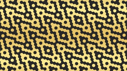 Gold and Black Hexagonal Abstract Maze Seamless Pattern. Intricate gold and black hexagonal maze-like geometric pattern, perfect for modern and decorative design backgrounds. 