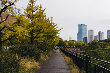 View of Osaka cityscape with Yodo River embankment and skyscrapers, Osaka prefecture, Japan, in a sunny day with a blue sky, streets of Osaka downtown center, travel to Japan