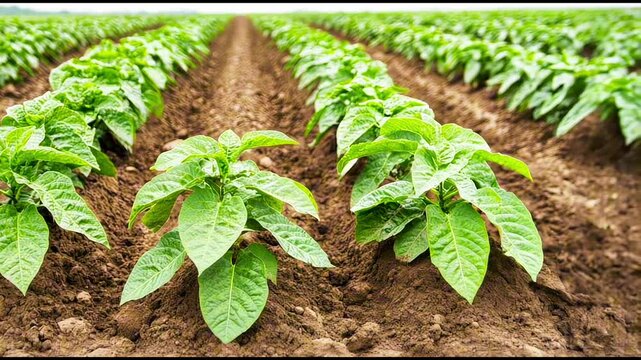 Rows of vibrant green plants thrive in rich soil on a sunny day in a farm field