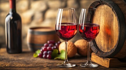 Naklejka premium Two elegant wine glasses set next to a rustic wooden barrel creating a charming vineyard atmosphere for wine lovers