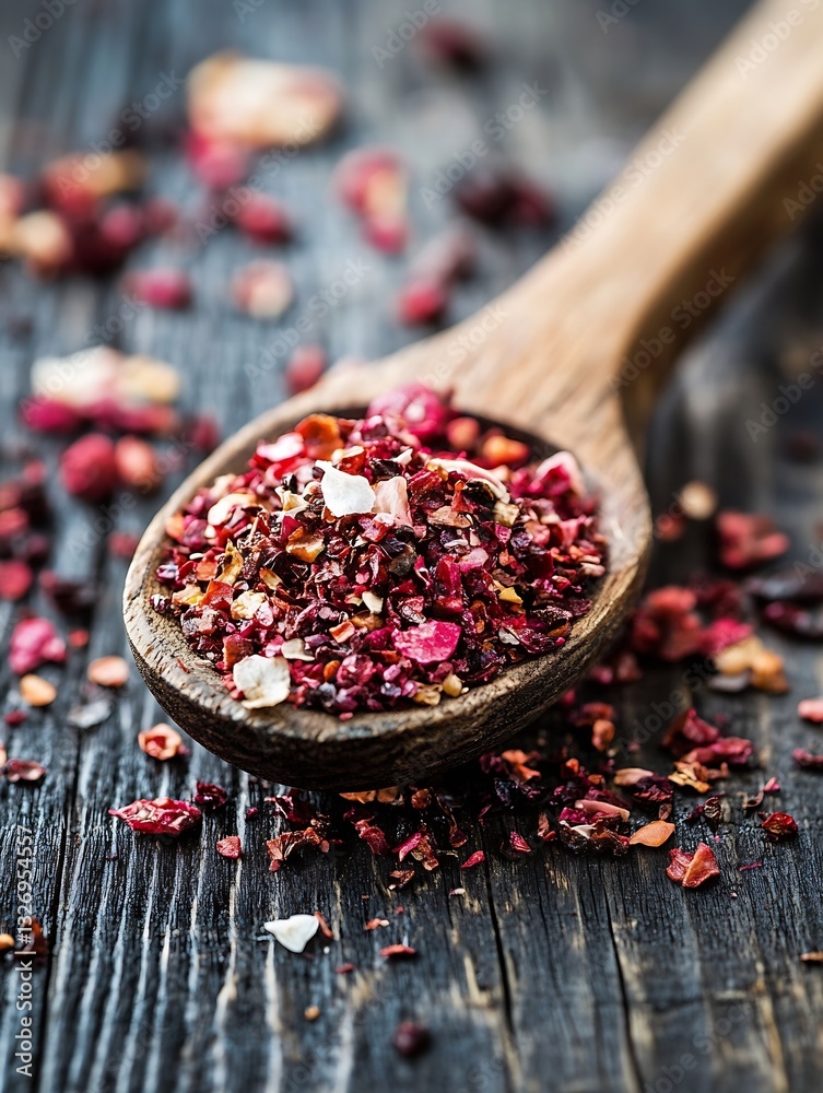 Poster close up shot of colorful dried spice blend in a wooden spoon on rustic wooden surface : generative 