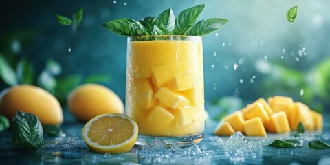 Refreshing mango lemonade with fresh basil and ice cubes on a vibrant blue background
