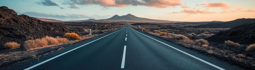Naklejka premium Empty Road Extends Through Volcanic Landscape at Sunset
