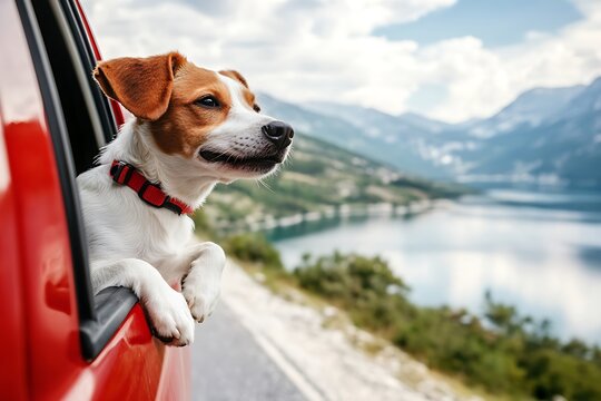 sweet lad pup peek out auto glass on summer break lad pup glad ride in red ride lovely lake hills view out car child pet loving wild on road jaunt bond  
