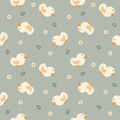 Duck cartoon so cute. On flower leaf green background. Pattern seamless vector illustration.  © Therdsak