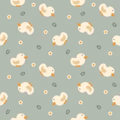 Duck cartoon so cute. On flower leaf green background. Pattern seamless vector illustration.  © Therdsak
