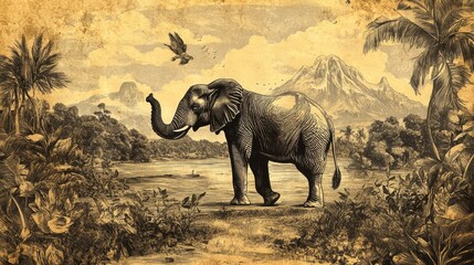 Fototapeta premium An elephant stands near a lake with a bird flying overhead