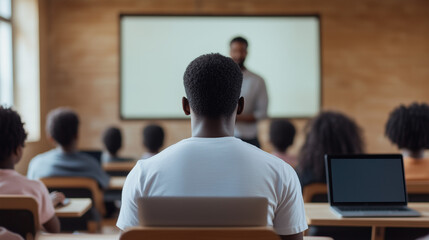 Student attending a technology-focused lecture, view from behind, large screen displaying data and analytics, modern education setting
