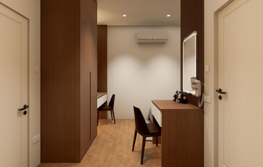 Interior of modern bedroom with beige and wooden walls, wooden floor	