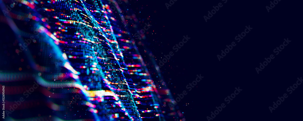Poster abstract big data digital stream waves. information flow concept. llm learning process, ai technolog