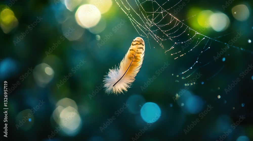 Wall mural delicate feather entangled in a spider web with soft background
