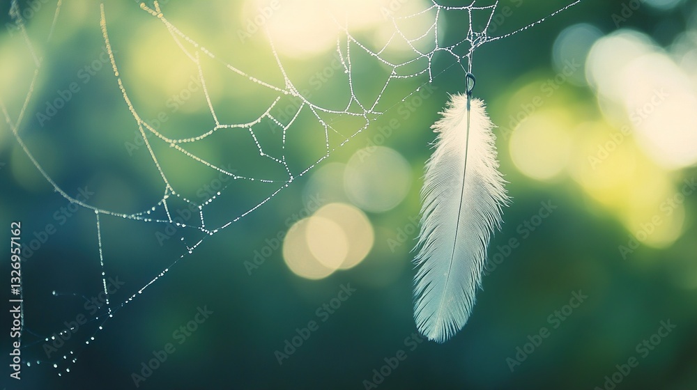 Wall mural delicate feather captured in a spider web with a soft background