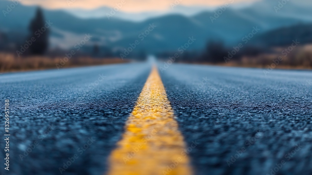 Aufkleber vibrant asphalt road stretching into the distance with a scenic backdrop of mountains and soft light