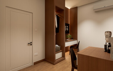 Interior of modern bedroom with beige and wooden walls, wooden floor	