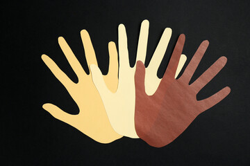 Stop racism. Hands paper figures of different colors on black background, top view