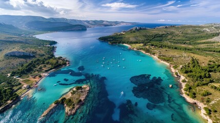 Obraz premium Aerial View of a Serene Coastal Bay with Turquoise Waters and Boats
