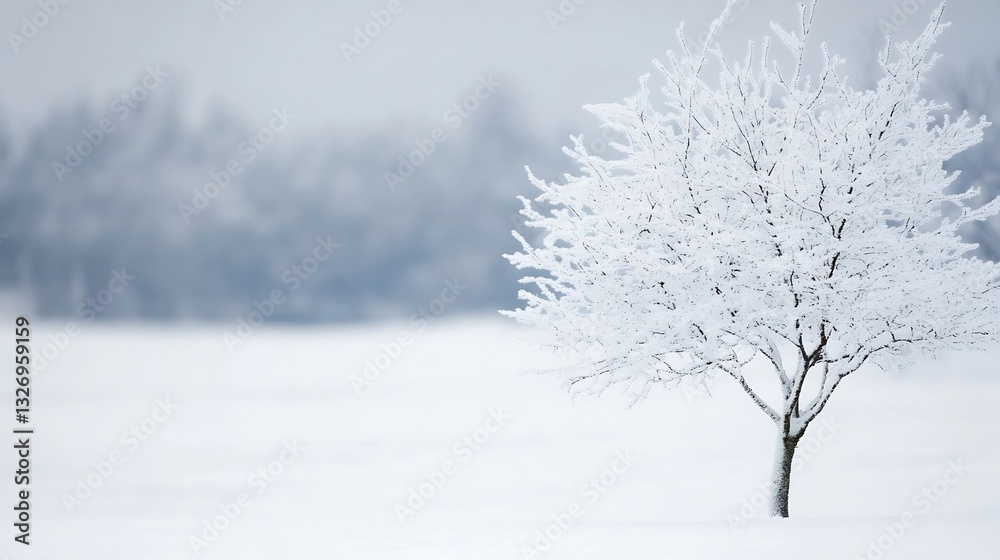 Poster Isolated frostcovered tree standing in a snowy field creating a serene winter landscape under soft grey skies : Generative AI