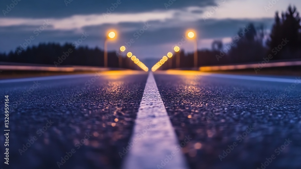 Poster serene empty highway at dusk with glowing street lamps leading to the horizon : generative ai