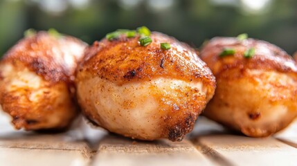 Deliciously Grilled Meatballs with Herbs on Wooden Plank