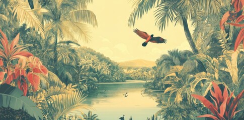 A vibrant tropical paradise scene with a flying colorful bird