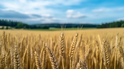 Naklejka premium Golden Wheat Field Against a Blue Sky in Rural Landscape Showing Agriculture and Nature : Generative AI