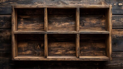 Wooden shelf with six compartments mounted on a wall
