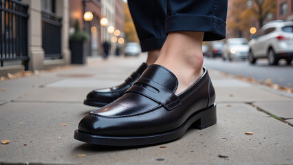Classic Black Penny Loafers Against Urban Street Scene