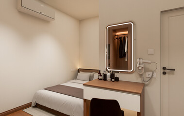 Interior of modern bedroom with beige and wooden walls, wooden floor	