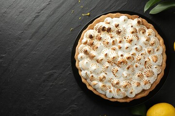 Delicious meringue pie and lemon on black textured table, flat lay. Space for text