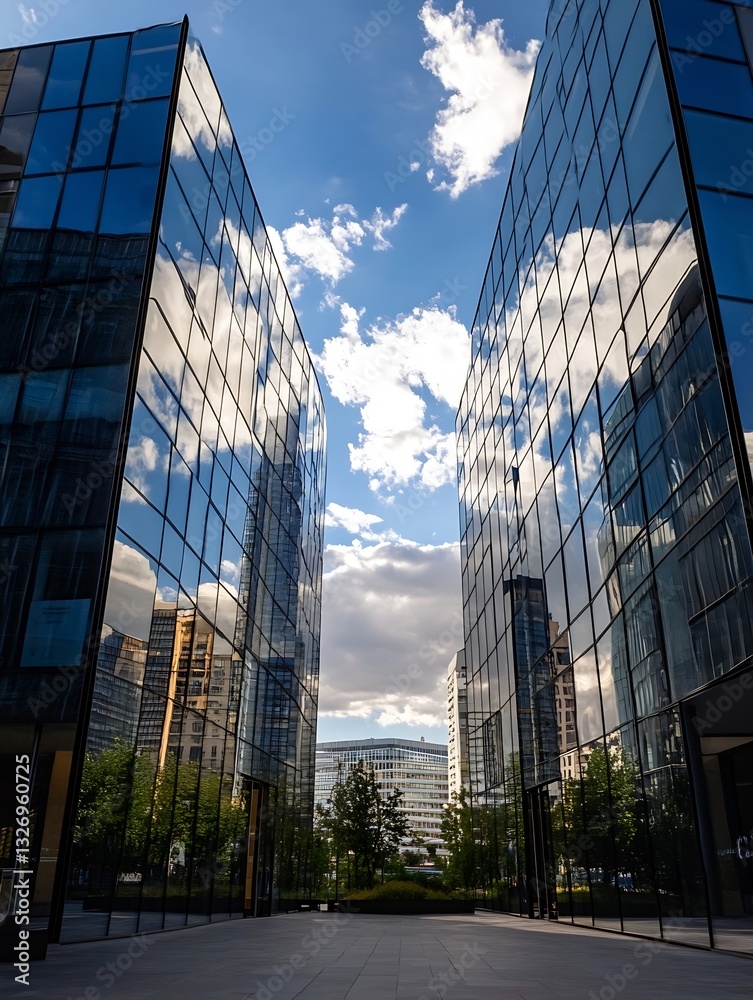 Poster stunning reflection of modern buildings under a dramatic sky in an urban setting : generative ai