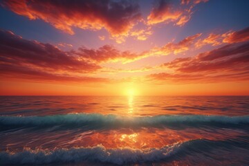 sunset over the ocean with waves and a bright orange sky