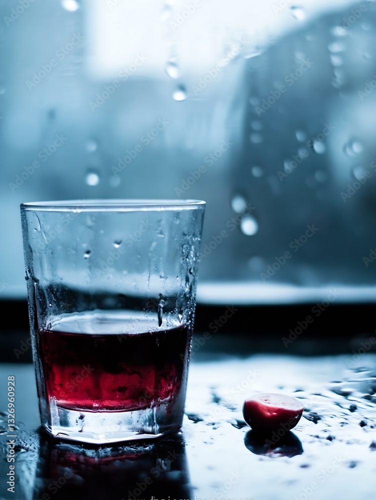 Poster Refreshing Glass of Red Drink Beside Fresh Cherry on Wet Table by the Window : Generative AI