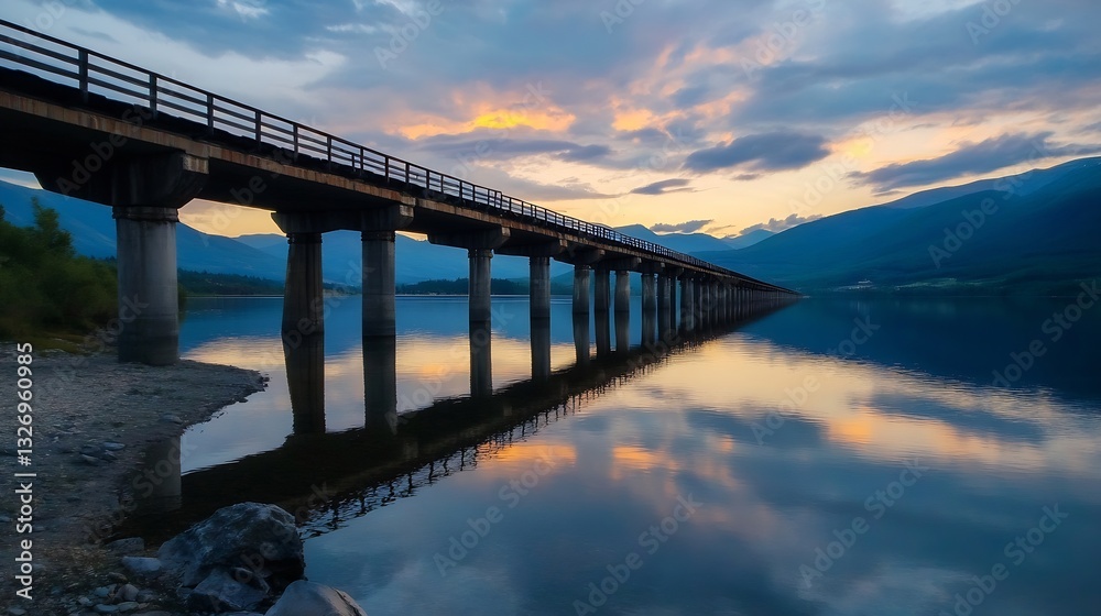 Poster serene sunset view of a rustic wooden bridge reflecting on calm water with vibrant clouds : generati