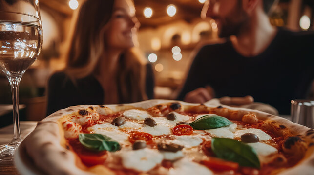 A romantic couple shares a fresh, rustic pizza in a cozy Italian trattoria, bathed in warm, elegant lighting. - Powered by Adobe