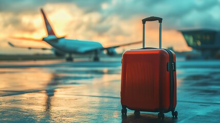 Solitary suitcase on tarmac with airplane in distance, symbolizing travel, departure, and journey concepts. Modern luggage and aviation themes for travel-related projects.