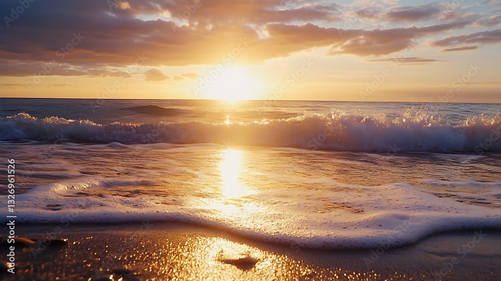 Poster breathtaking sunset over the ocean with gentle waves rolling onto the sandy beach creating a tranqui