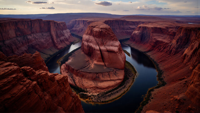 Iconic Horseshoe Bend with winding Colorado River through red sandstone canyon under cloudy sky - Powered by Adobe