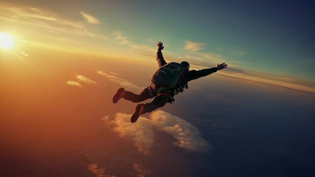 Skydiver leaps from an aircraft against a stunning sunset backdrop over clouds at high altitude with a breathtaking view