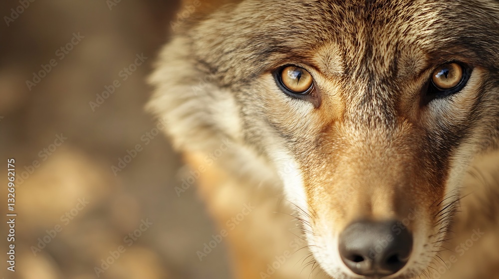 Poster intense closeup of a wild coyote showcasing its striking gaze and details of its fur texture : gener