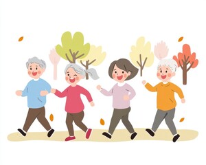 Fototapeta premium Joyful Senior Friends Autumn Walk Park Illustration